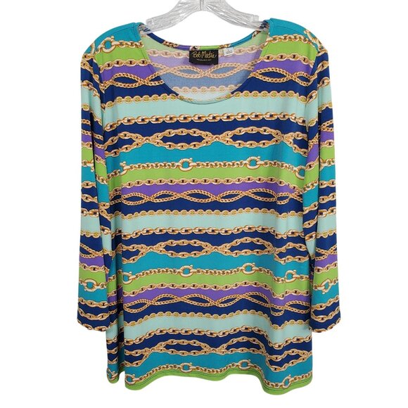 Bob Mackie Wearable Art L Tunic Top Chain Print Multicolor Liquid Knit Pullover - Picture 2 of 10